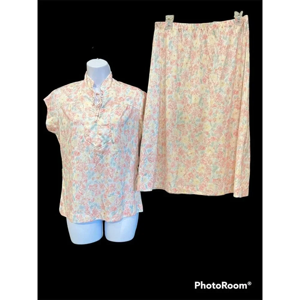Vtg 70s 80s Liberty Floral Matching‎ Skirt & Top Sz M/L Pastel Cottagecore